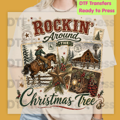 Rockin Around Christmas Tree DTF Transfers, Western Cowboy Barn Country Holiday Ready to Press