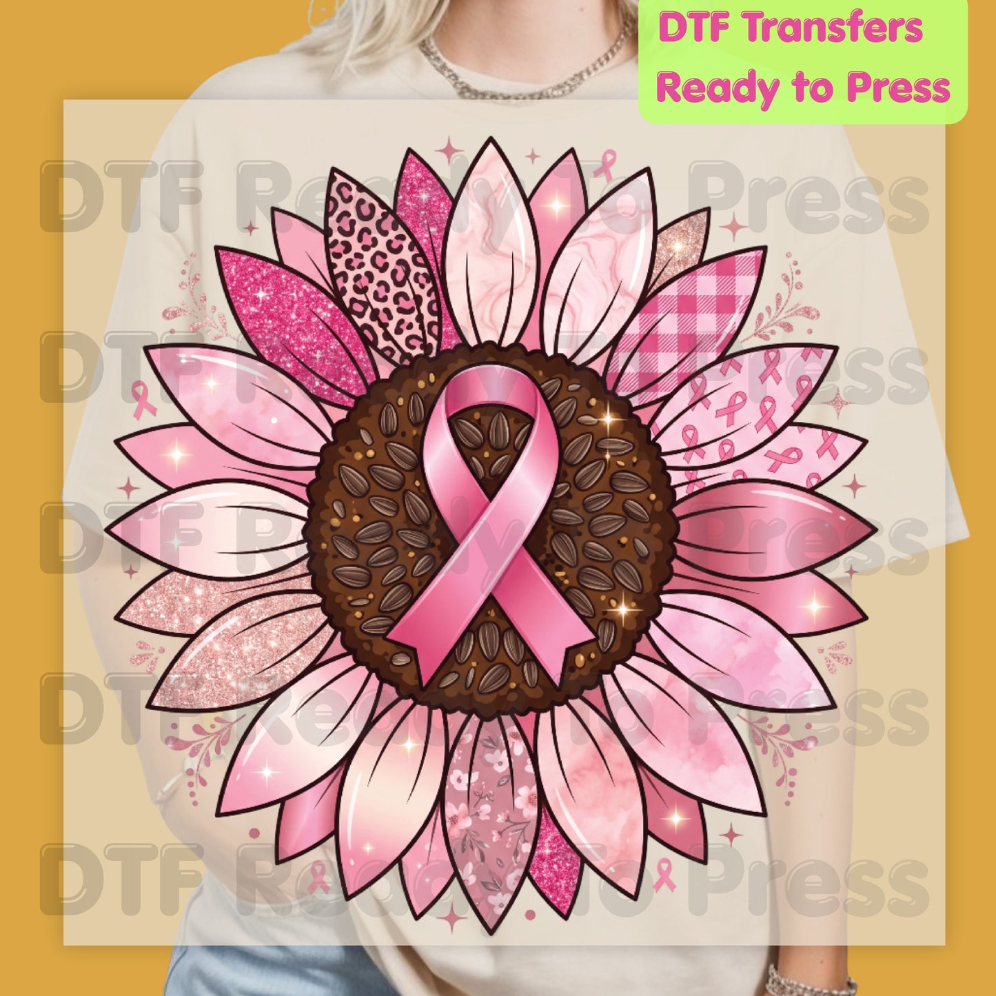 Pink Sunflower Breast Cancer Awareness DTF Transfer Ready to Press Heat Transfer Ribbon Tee
