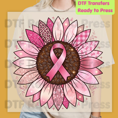Pink Sunflower Breast Cancer Awareness DTF Transfer Ready to Press Heat Transfer Ribbon Tee