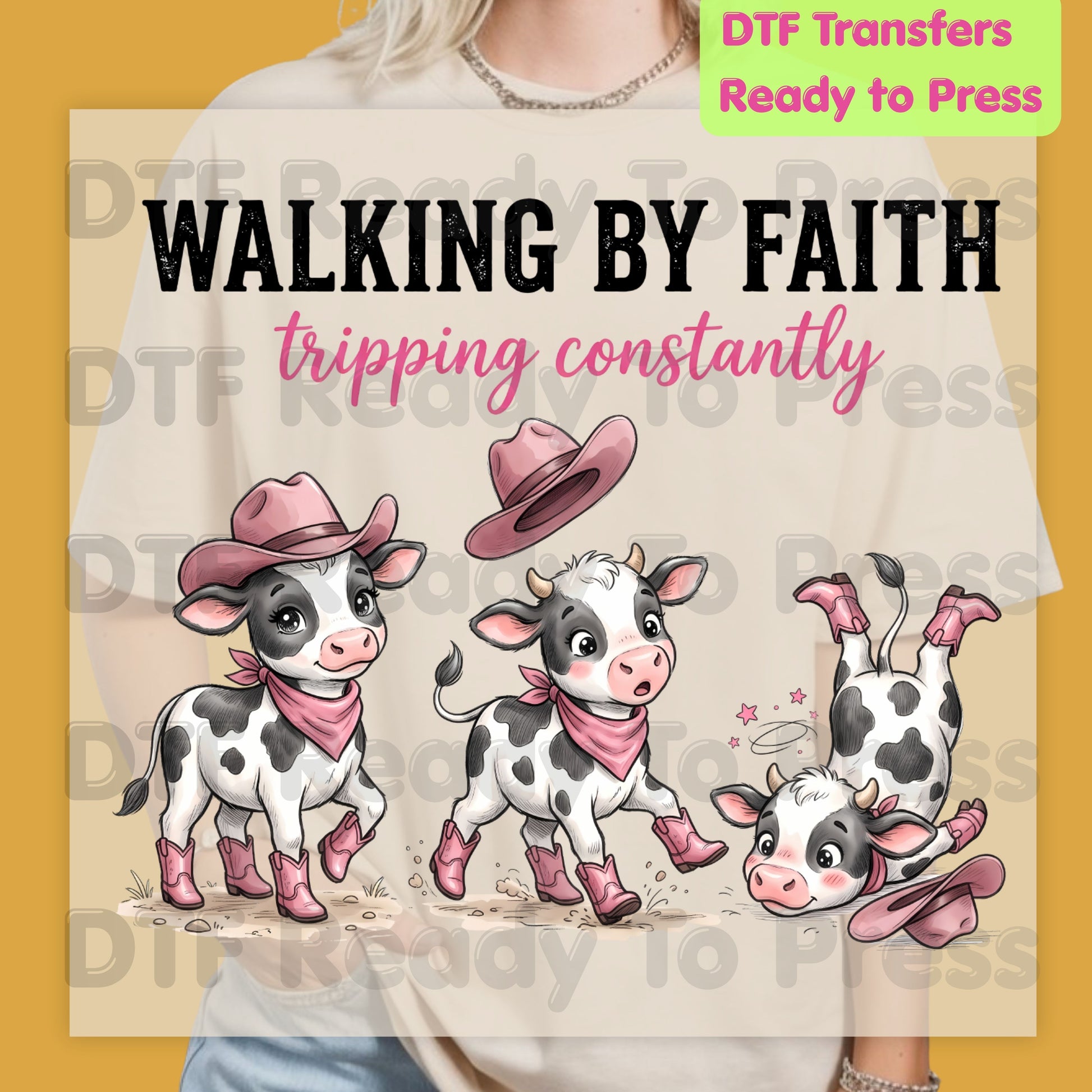 Funny Western Cow DTF Transfers, Walking by Faith Tripping Constantly Pink Cowboy Boots Christian Humor Ready to Press