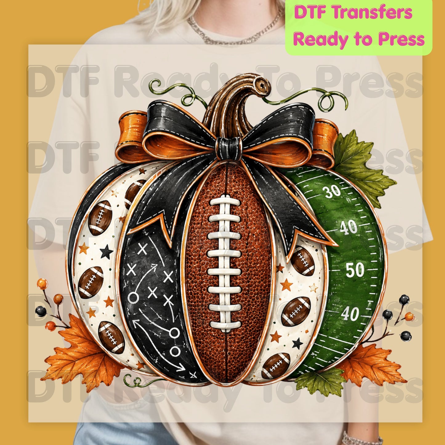 football pumpkin, pumpkin bow, football dtf, dtf transfers, game day football, fall game day, football field, patchwork pumpkin, autumn football, football bow, fall football, pumpkin transfer, ready to press