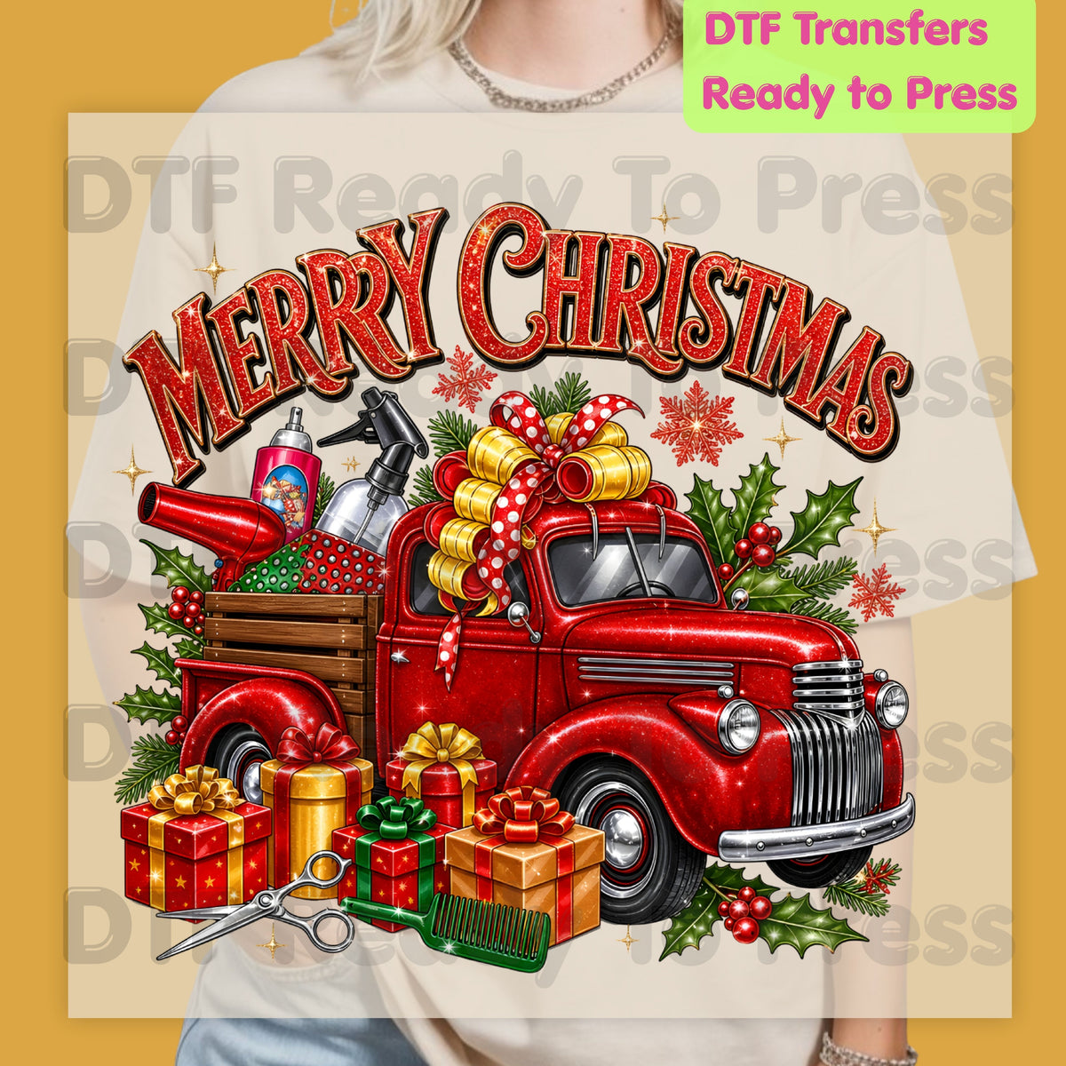 Merry Christmas Red Truck DTF Transfers, Holiday Hair Stylist Salon Presents Graphic Ready to Press