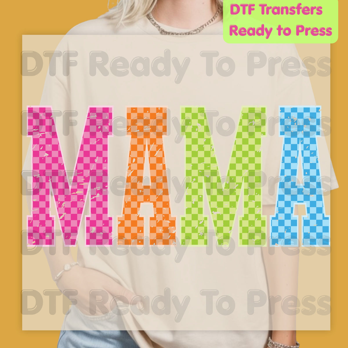 Mama DTF Transfers, Colorful Checkered Retro Distressed Mama Ready to Press