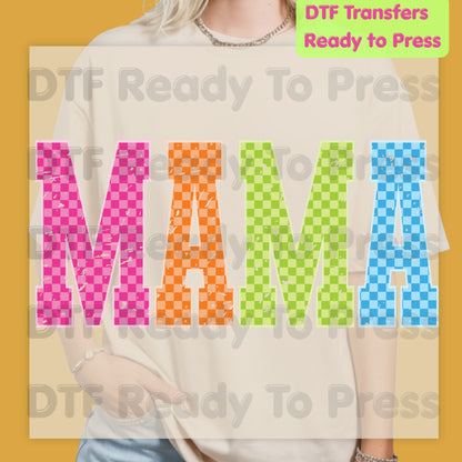 Mama DTF Transfers, Colorful Checkered Retro Distressed Mama Ready to Press