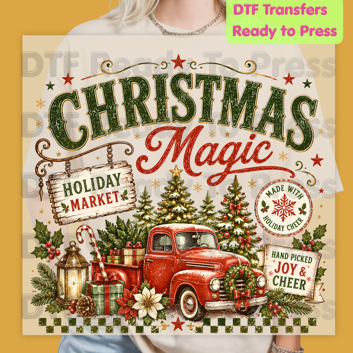 Magic Red Truck Christmas DTF Transfers, Tree Holiday Market Vintage Ready to Press