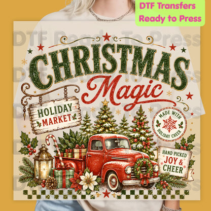 Magic Red Truck Christmas DTF Transfers, Tree Holiday Market Vintage Ready to Press