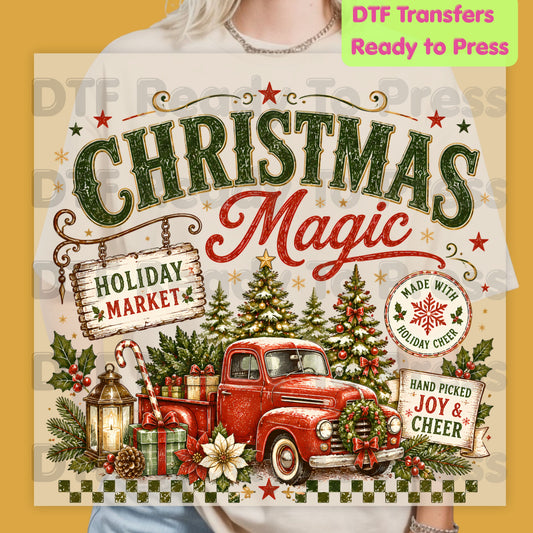 Magic Red Truck Christmas DTF Transfers, Tree Holiday Market Vintage Ready to Press