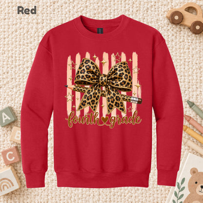 Fourth Grade Leopard Bow Pencil T-Shirt, Cute Back to School Tee for Toddler and Kids