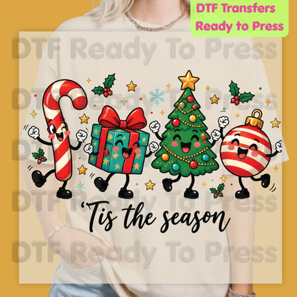 Christmas DTF Transfer, Tis the Season Cute Characters, Candy Cane and Gift Ornaments