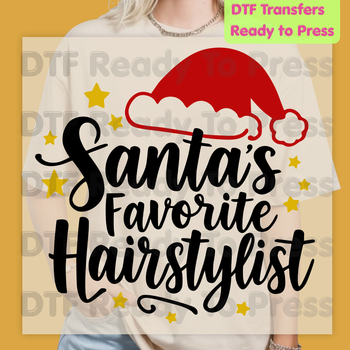 Santa's Favorite Hairstylist DTF Transfers, Christmas Salon Santa Hat Stars Holiday Ready to Press