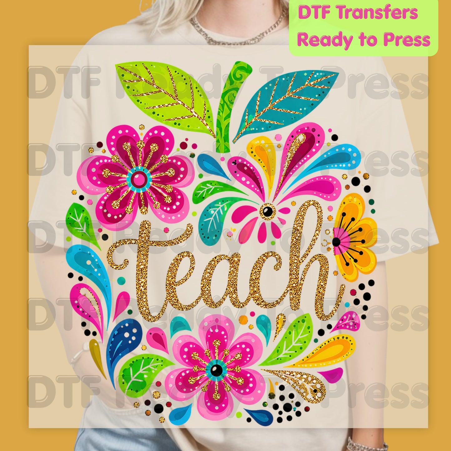 Teacher DTF Transfers, Teach Floral Apple Colorful Back to School Teacher Life Ready to Press