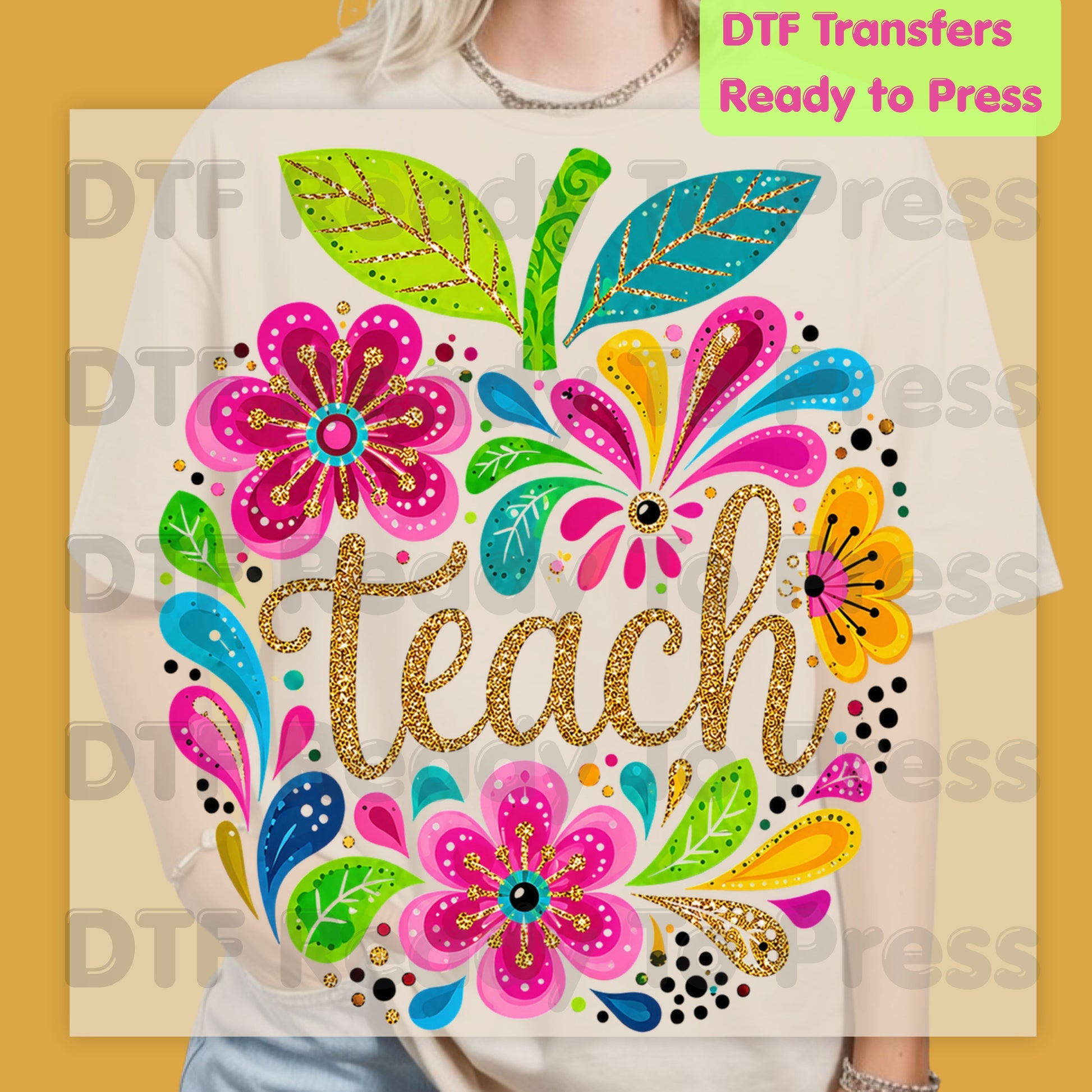 Teacher DTF Transfers, Teach Floral Apple Colorful Back to School Teacher Life Ready to Press