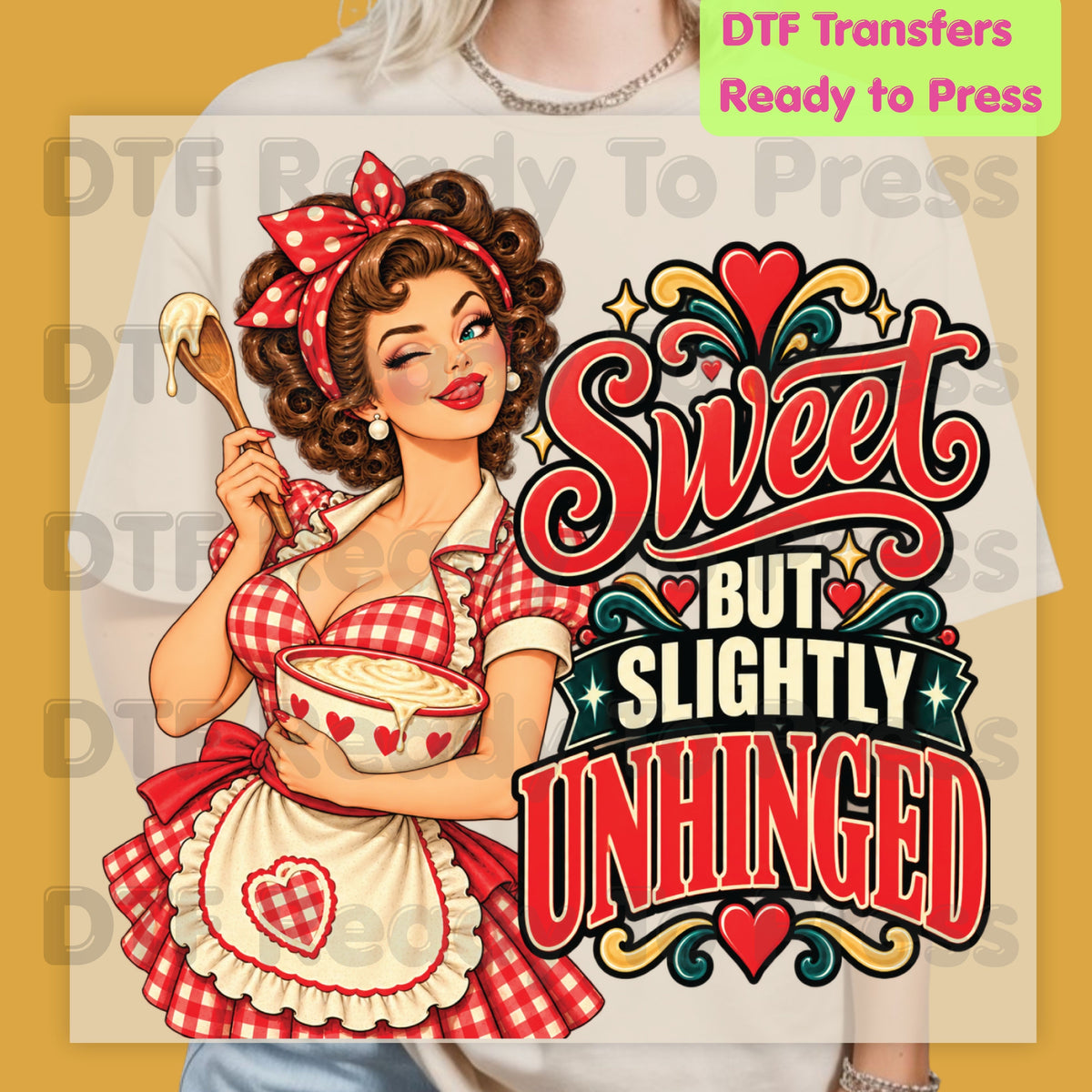 Retro DTF Transfer, Sweet but Slightly Unhinged Pinup Girl Baking Graphic