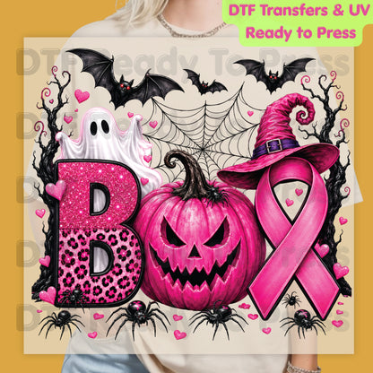 Boo Breast Cancer Awareness Pink Pumpkin Witch Hat DTF Transfer Ready to Press Spooky Heat Transfer Tee