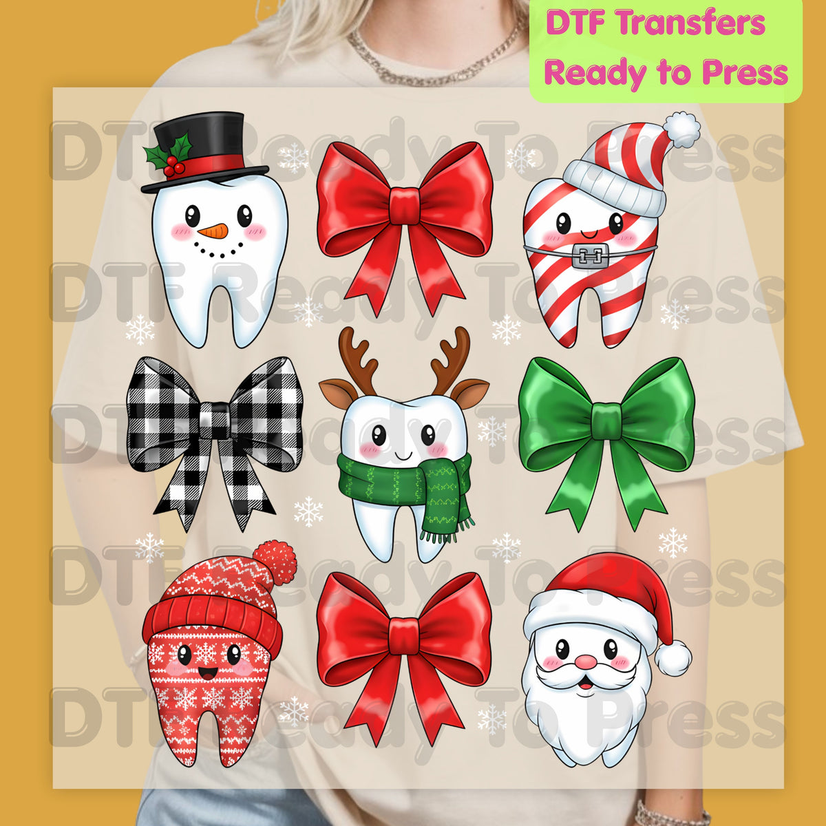 Christmas Dental Squad DTF Transfers, Dental Teeth Bow Santa Reindeer Holiday Ready to Press