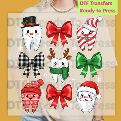 Christmas Dental Squad DTF Transfers, Dental Teeth Bow Santa Reindeer Holiday Ready to Press