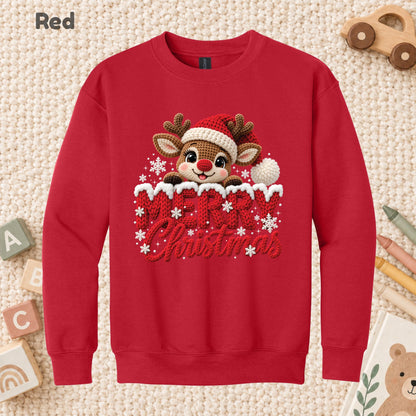 Cute Reindeer Christmas T-Shirt, Santa Hat Knitted Lettering Tee, Cozy Holiday Sweatshirt