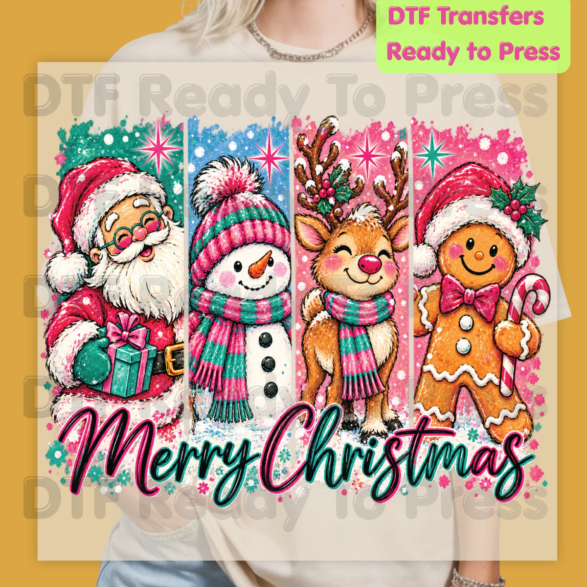 Christmas DTF Transfer, Santa Snowman Reindeer Gingerbread
