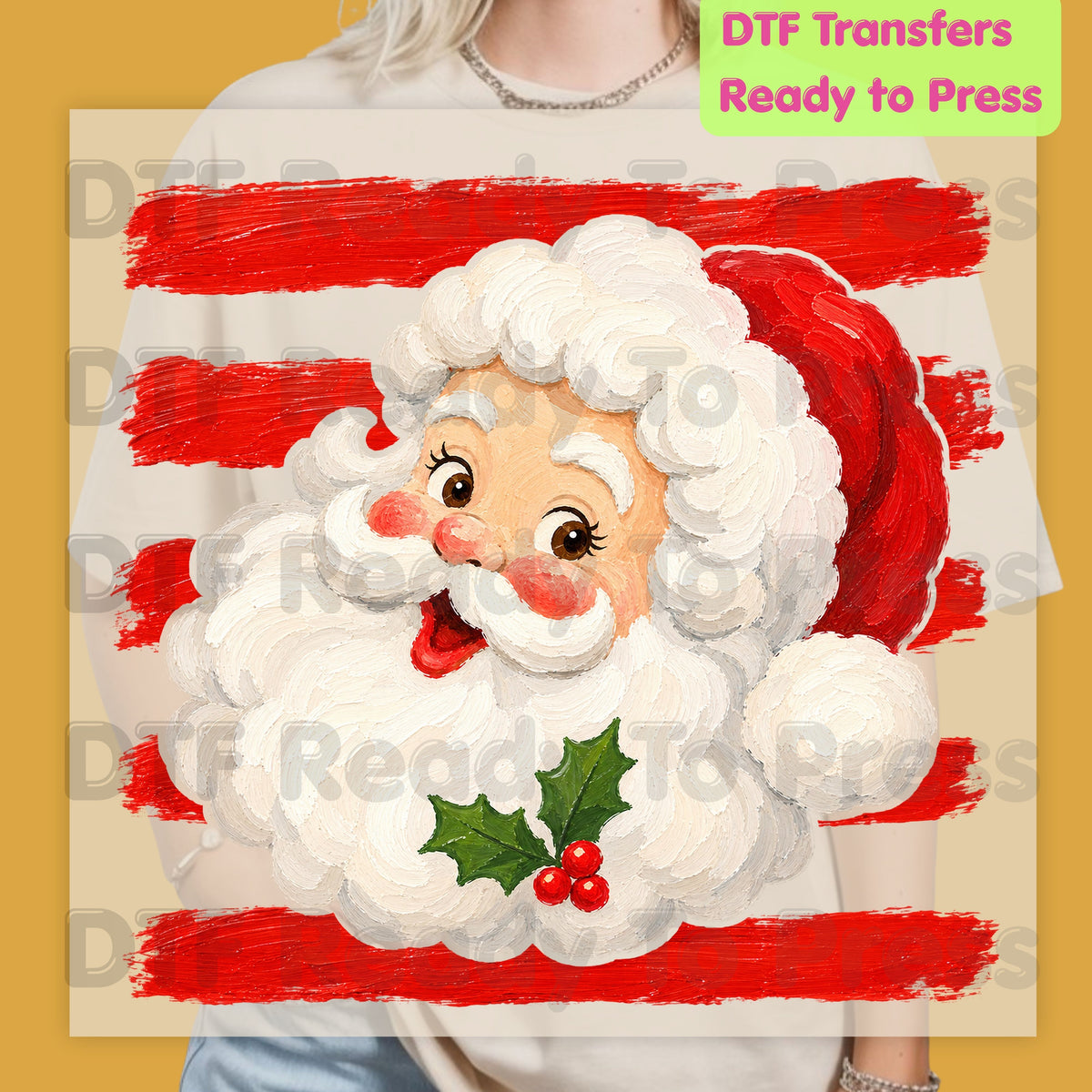 Vintage Santa Claus DTF Transfers, Red Striped Background Festive Christmas Holiday Ready to Press