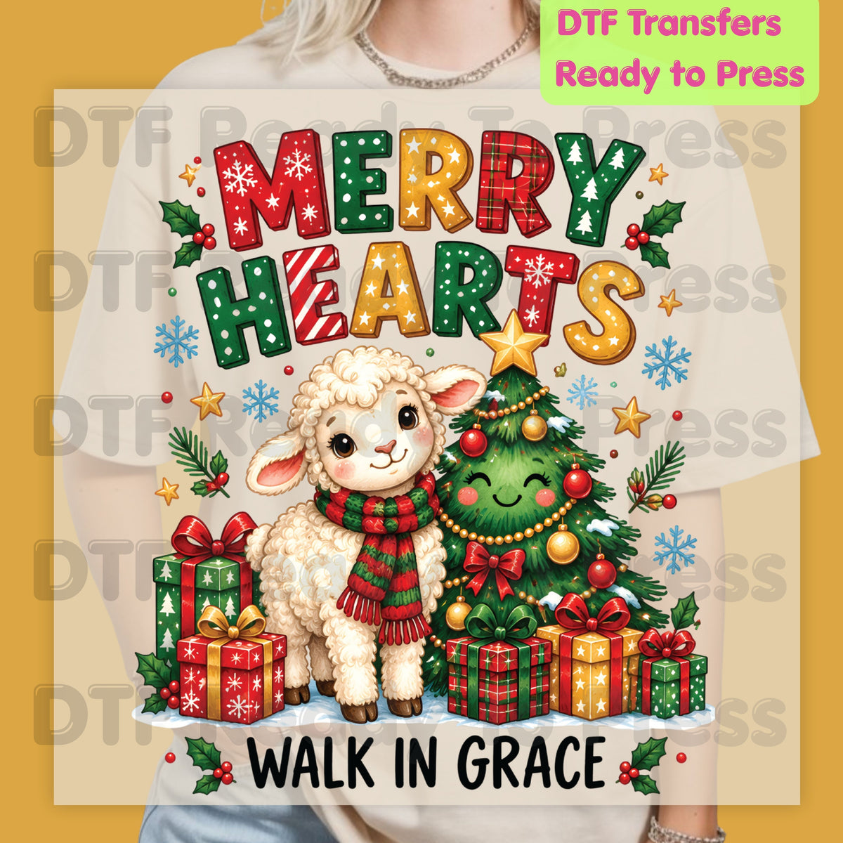 Christmas DTF Transfer, Walk in Grace Lamb, Merry Hearts Christmas Tree