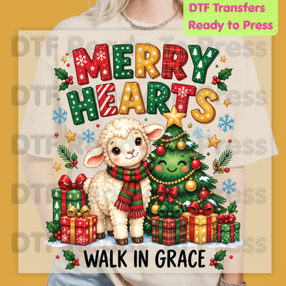 Christmas DTF Transfer, Walk in Grace Lamb, Merry Hearts Christmas Tree