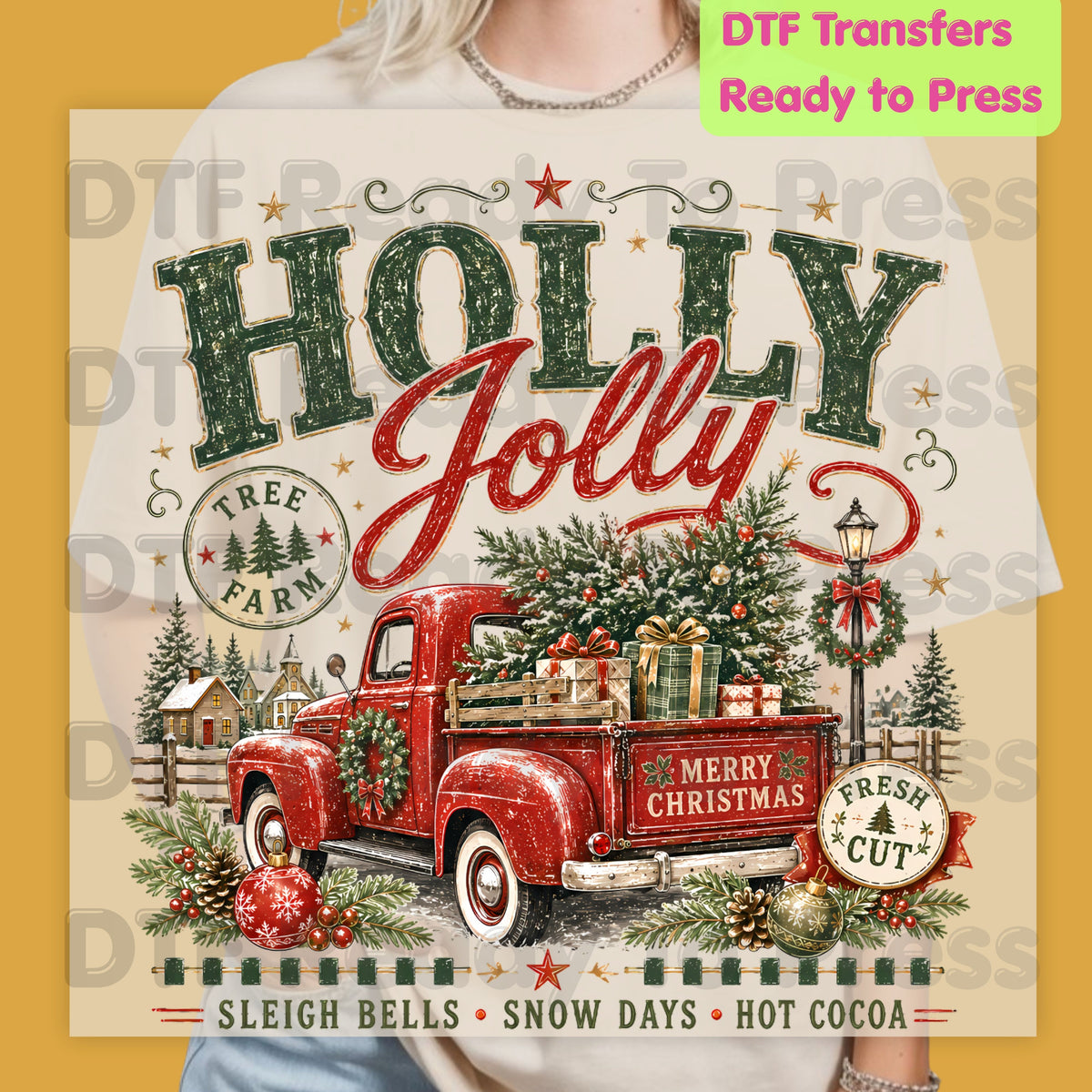Holly Jolly Christmas DTF Transfers, Red Truck Tree Farm Vintage Holiday Ready to Press