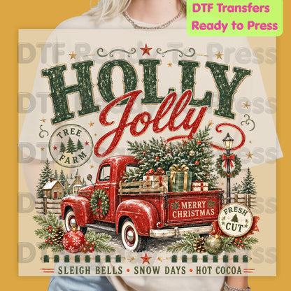 Holly Jolly Christmas DTF Transfers, Red Truck Tree Farm Vintage Holiday Ready to Press