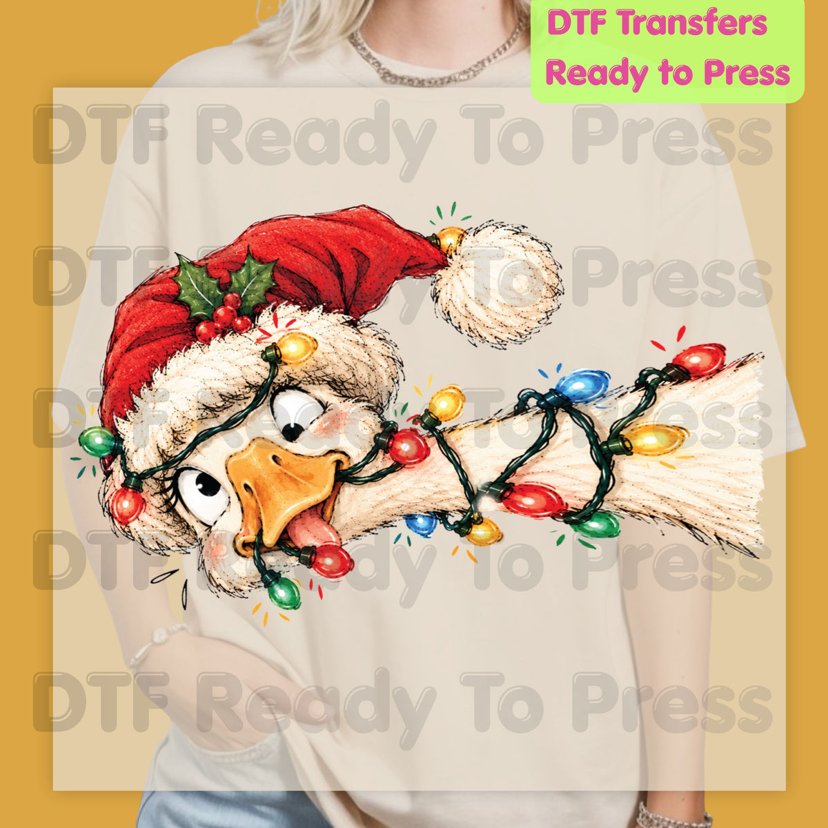 Christmas DTF Transfer, Funny Goose with Tangled Lights and Santa Hat