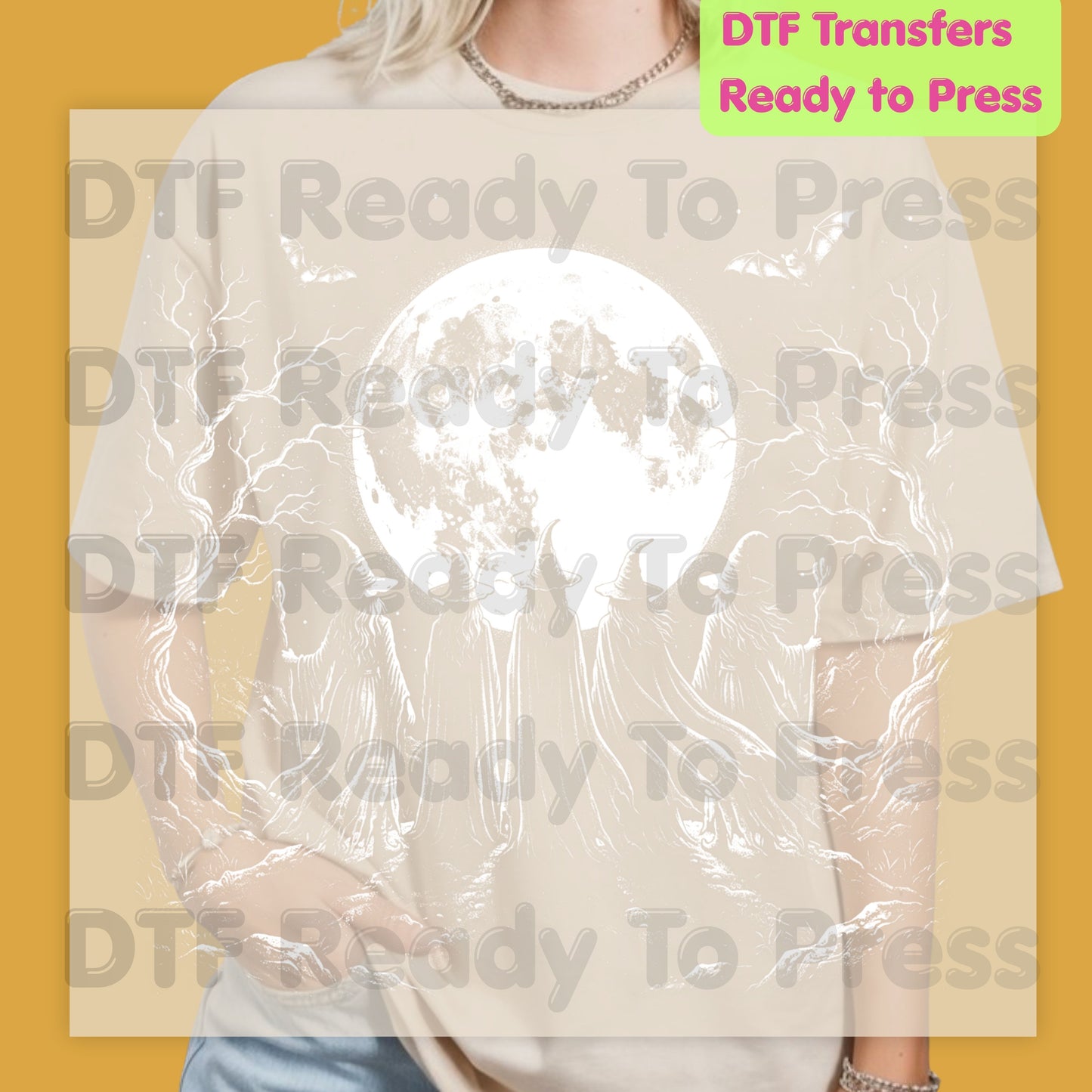Witches Coven Full Moon DTF Transfers, Dark Forest Bats Gothic Halloween Ready to Press