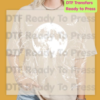 Witches Coven Full Moon DTF Transfers, Dark Forest Bats Gothic Halloween Ready to Press