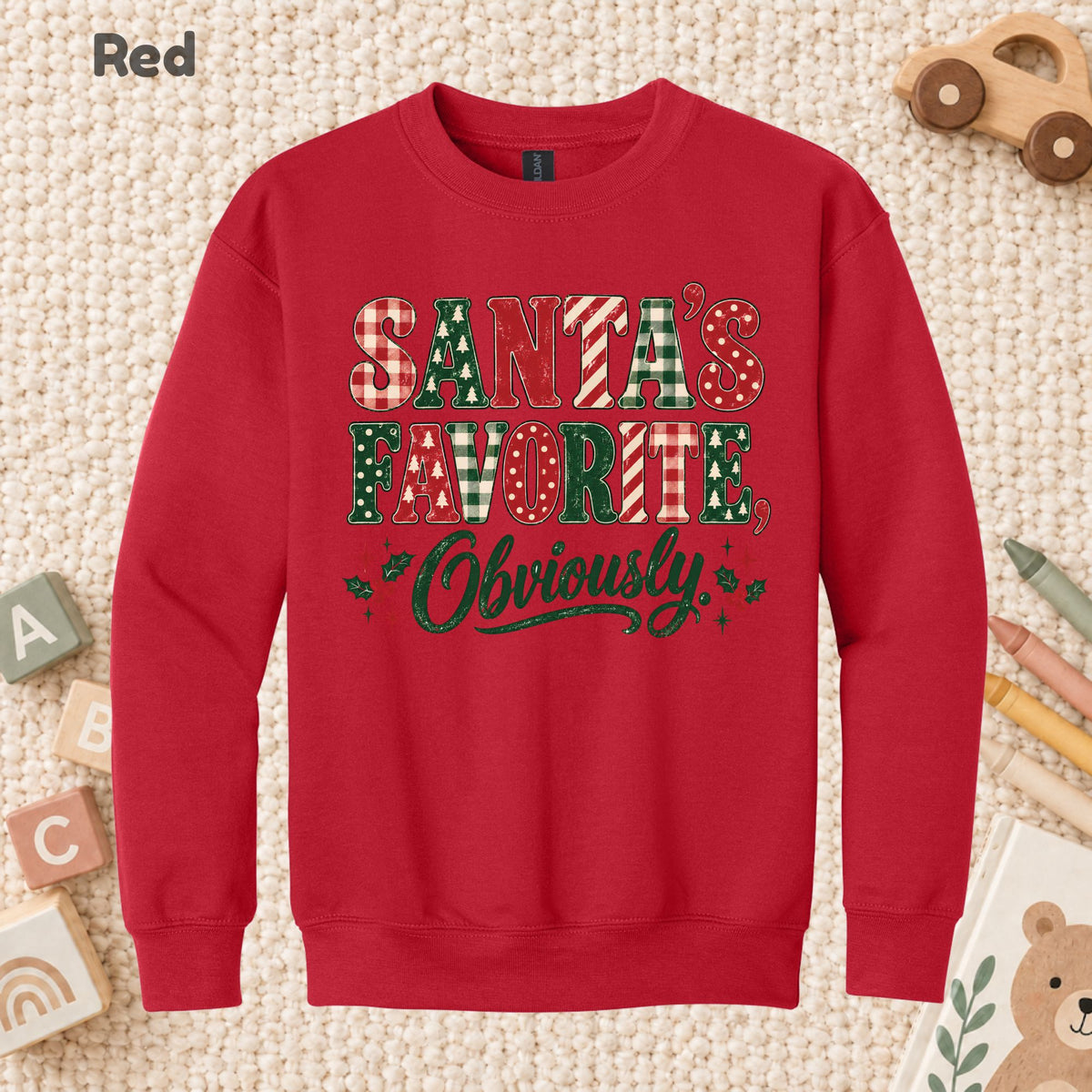 Santa’s Favorite T-Shirt, Funny Christmas Plaid Lettering and Holly Graphic Tee, Holiday Shirt