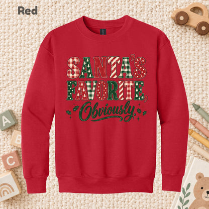 Santa’s Favorite T-Shirt, Funny Christmas Plaid Lettering and Holly Graphic Tee, Holiday Shirt