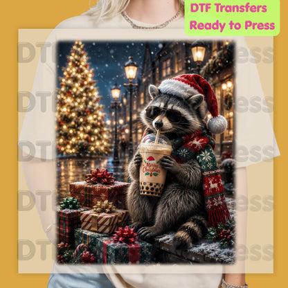 Christmas Raccoon DTF Transfers, Santa Hat Coffee Drink Cute Holiday Winter Ready to Press