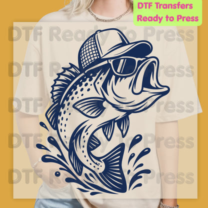 Fishing DTF Transfer, Bass Fish with Sunglasses and Trucker Hat Graphic