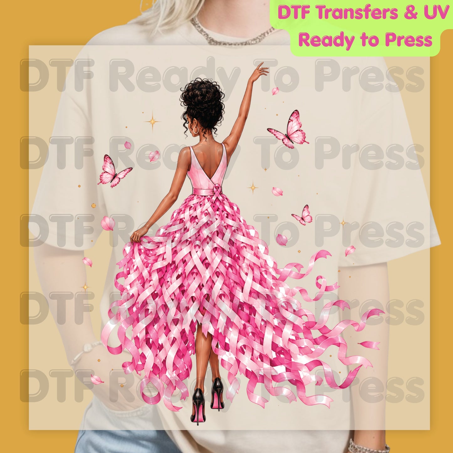 Black Woman Pink Ribbon Dress Breast Cancer Awareness DTF Transfer Ready to Press Heat Transfer Survivor Tee