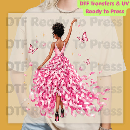 Black Woman Pink Ribbon Dress Breast Cancer Awareness DTF Transfer Ready to Press Heat Transfer Survivor Tee