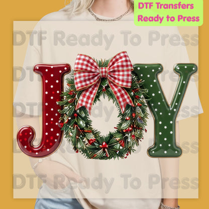 Joy Christmas DTF Transfers, Wreath Plaid Bow Polka Dot Letters Festive Holiday Ready to Press