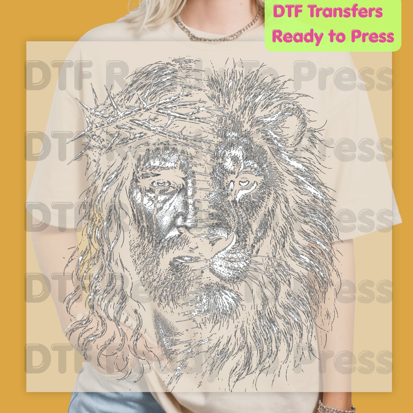 Jesus and Lion DTF Transfer Ready to Press Christian Heat Transfer for Shirts Crown of Thorns Religious Portrait Tee