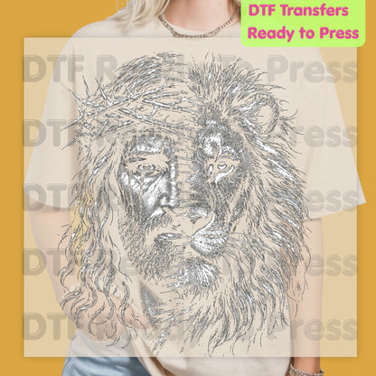 Jesus and Lion DTF Transfer Ready to Press Christian Heat Transfer for Shirts Crown of Thorns Religious Portrait Tee