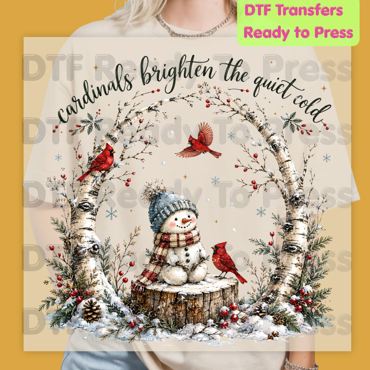 Winter DTF Transfers, Cardinals Snowman Brighten Quiet Cold Christmas Ready to Press