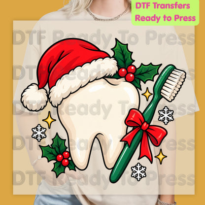 Christmas Tooth Santa Hat DTF Transfers, Dental Holiday Toothbrush Dentist Graphic Ready to Press