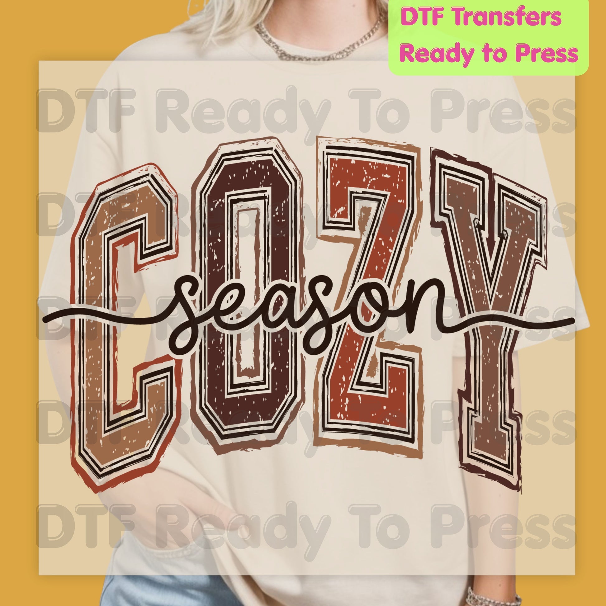 Cozy Season DTF Transfers, Distressed Varsity Letters Autumn Fall Neutral Tones Ready to Press