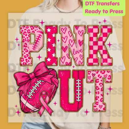 Pink Out DTF Transfers, Breast Cancer Awareness Football Coquette Bow Pink Ready to Press