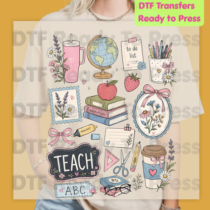 Cute Teacher Supplies DTF Transfers, Coquette Aesthetic Books Coffee Globe Teach Pink Bows Back to School Ready to Press