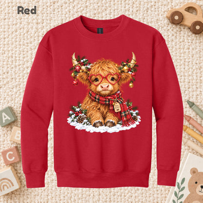 Christmas Highland Cow T-Shirt, Heart Glasses and Scarf Graphic Tee, Cute Holiday Shirt