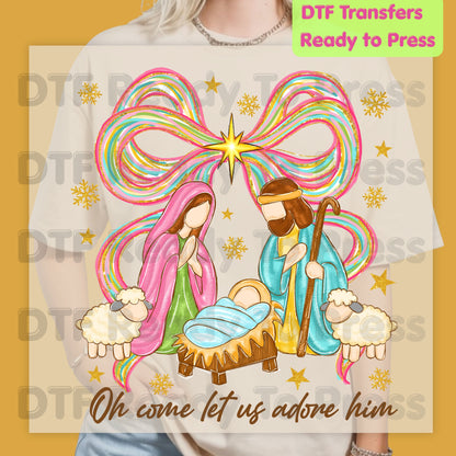 Christian Nativity Oh Come Let Us Adore Him DTF Transfer Ready to Press Nativity Scene Heat Transfer For Shirts Colorful Christmas Bow Christian Jesus Print