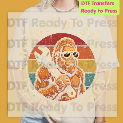 Funny Bigfoot DTF Transfers, Knower of Stuff Fixer of Things Retro Sasquatch Wrench Sunglasses Dad Handyman Ready to Press