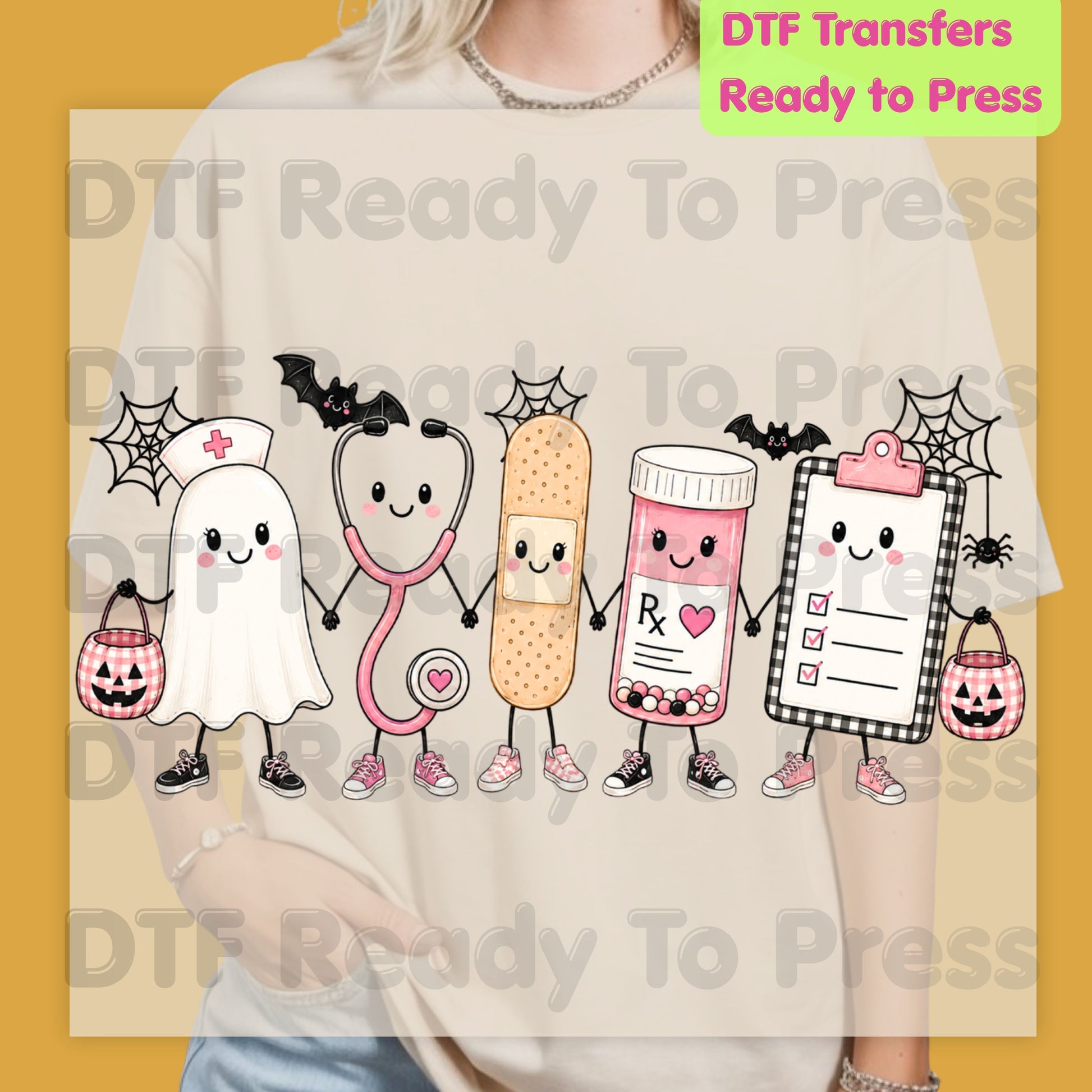 Pink Spooky Nurse Squad DTF Transfers, Halloween Ghost Stethoscope Medical Bandage Ready to Press