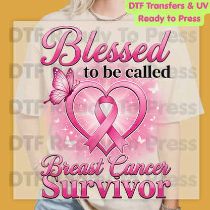 Blessed To Be Called Breast Cancer Survivor DTF Transfer Ready to Press Heat Transfer Pink Ribbon Tee
