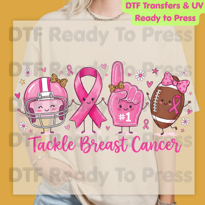 Tackle Breast Cancer Awareness DTF Transfer Ready to Press Heat Transfer Football Ribbon Tee
